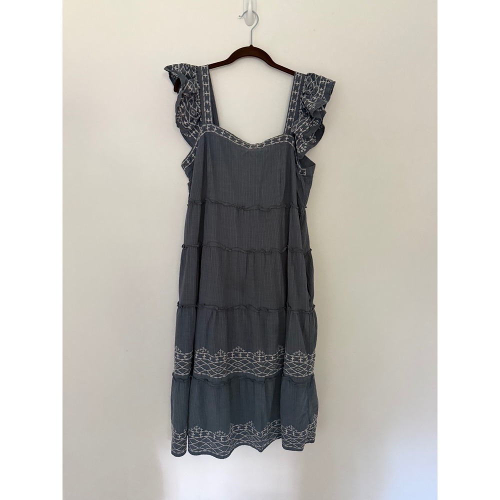 Knox Rose Womens XL Blue Tiered Embroidered Ruffle Strap Midi Dress Boho